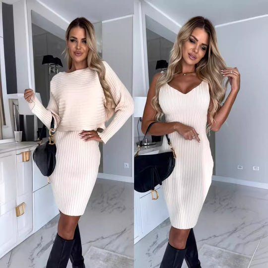 Damen Strickkleid mit V-Ausschnitt und Langarm Heidi-Mode