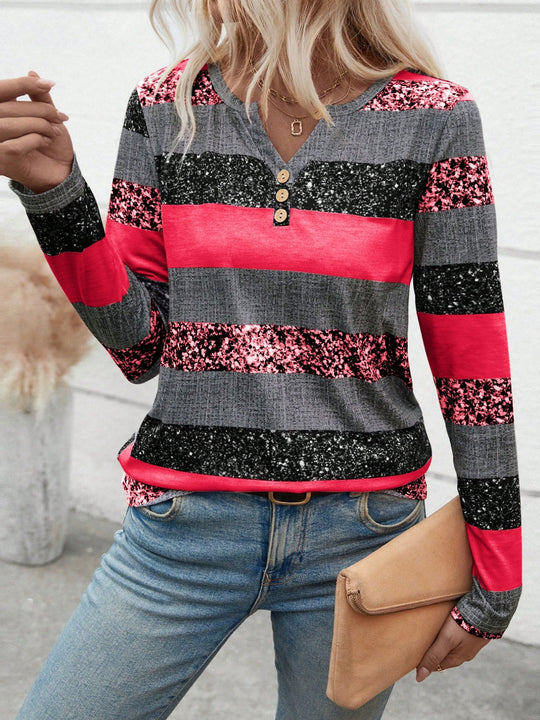 Damen Langarmshirt mit schimmernden Streifen und Knopfdetails Heidi-Mode