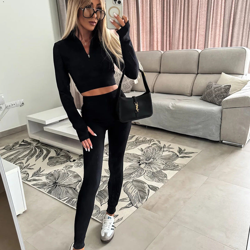 Damen Sportliches Cropped Raglan-Top mit Reißverschluss und passender Leggings Heidi-Mode