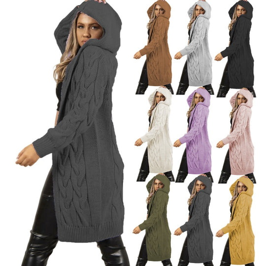 Damen Großer Strickmantel mit Kapuze und aufwendiger Zopfmusterstruktur Heidi-Mode