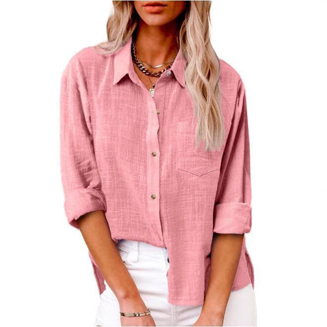 Damen lässige Leinenbluse mit kurzem Arm und Knopfdetails Heidi-Mode