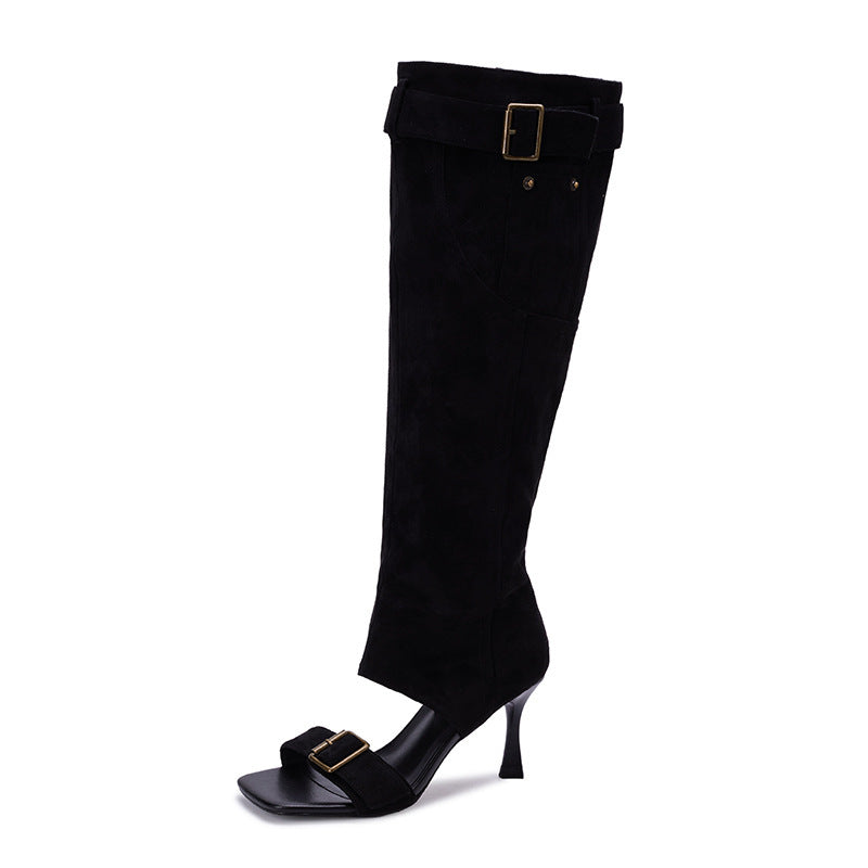 Femme Hochglanz Über-die-Knie Stiletto Stiefel mit dekorativem Schnallen Heidi-Mode
