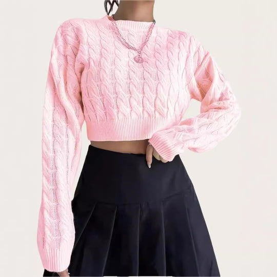 Damen kuscheliger Cropped Pullover mit Zopfmuster Heidi-Mode