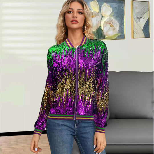 Damen Glitzernde Bomberjacke mit paillettenbesetztem Design und elastischem Bund Heidi-Mode