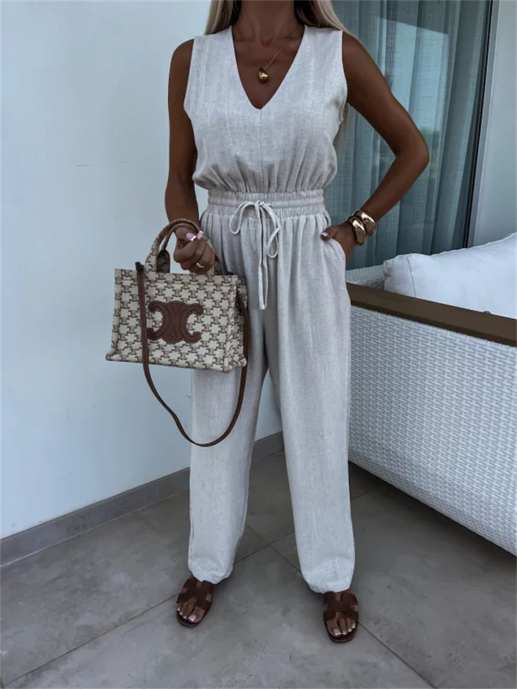 Damen eleganter Jumpsuit mit Taillenkordel und weitem Bein Heidi-Mode
