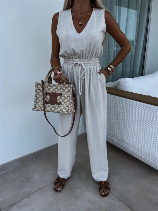 Damen eleganter Jumpsuit mit Taillenkordel und weitem Bein Heidi-Mode
