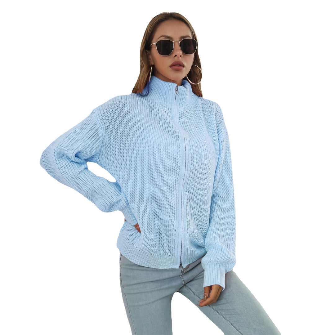 Damen lässiger Strickpulli mit hohem Kragen und Reißverschluss Heidi-Mode