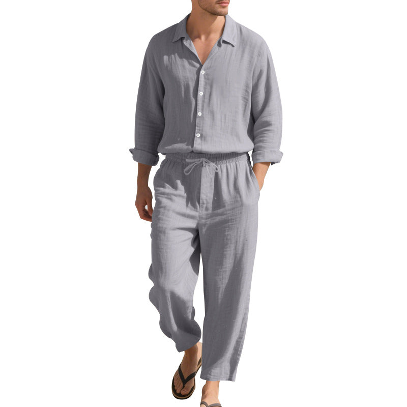Herren Leinen-Loungeanzug mit elastischem Bund und praktischem Knopfdesign Heidi-Mode