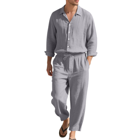 Herren Leinen-Loungeanzug mit elastischem Bund und praktischem Knopfdesign Heidi-Mode