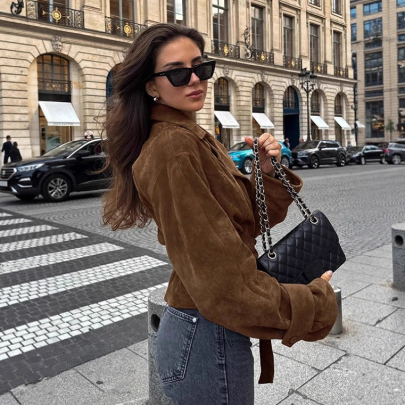 Damen Modische Wildlederjacke mit Gürtel und tailliertem Schnitt Heidi-Mode