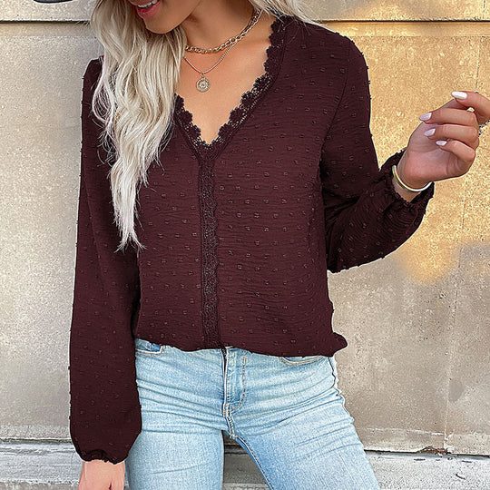 Damen Bluse mit feinen Strukturdetails und romantischem Spitzeneinsatz Heidi-Mode