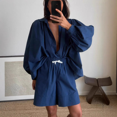 Damen lässiges Kombi-Outfit mit lockerer Bluse und Shorts Heidi-Mode