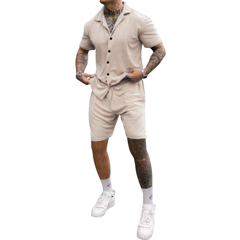 Herren Freizeit-Kurzarm-Set mit Knopfleiste und verstellbarem Kordelzug Heidi-Mode
