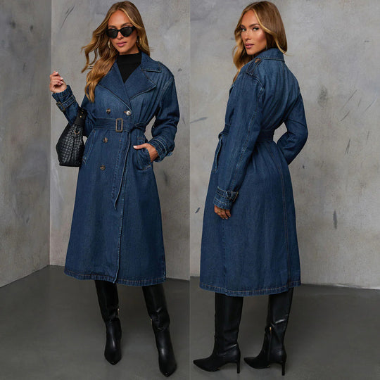 Damen Denim Trenchcoat mit Gürtel und praktischen Taschen Heidi-Mode