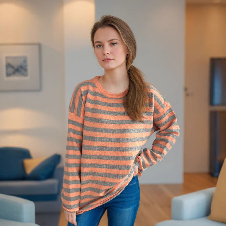 Damen lässiger Oversize-Pullover mit breiten Streifen Heidi-Mode