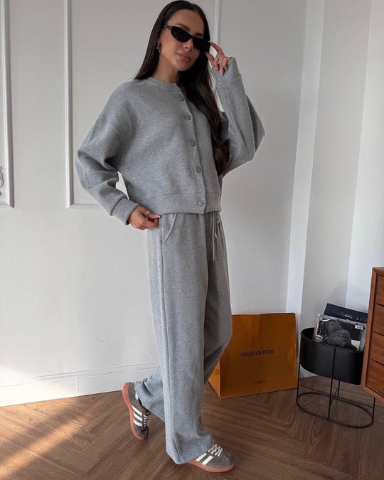 Damen lässiger Sweat-Pullover mit Knopfleiste und bequemen Jogginghose Heidi-Mode