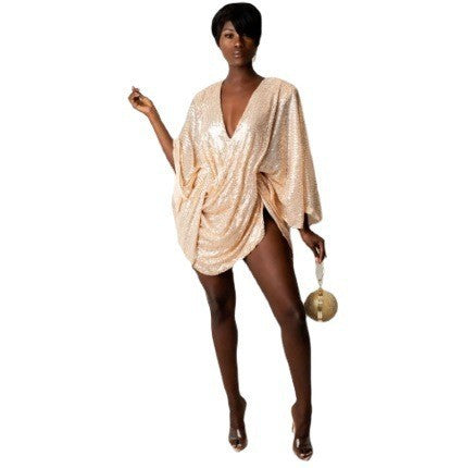 Damen Glitzerndes Kaftan Kleid mit tiefem V-Ausschnitt und voluminösen Ärmeln Heidi-Mode