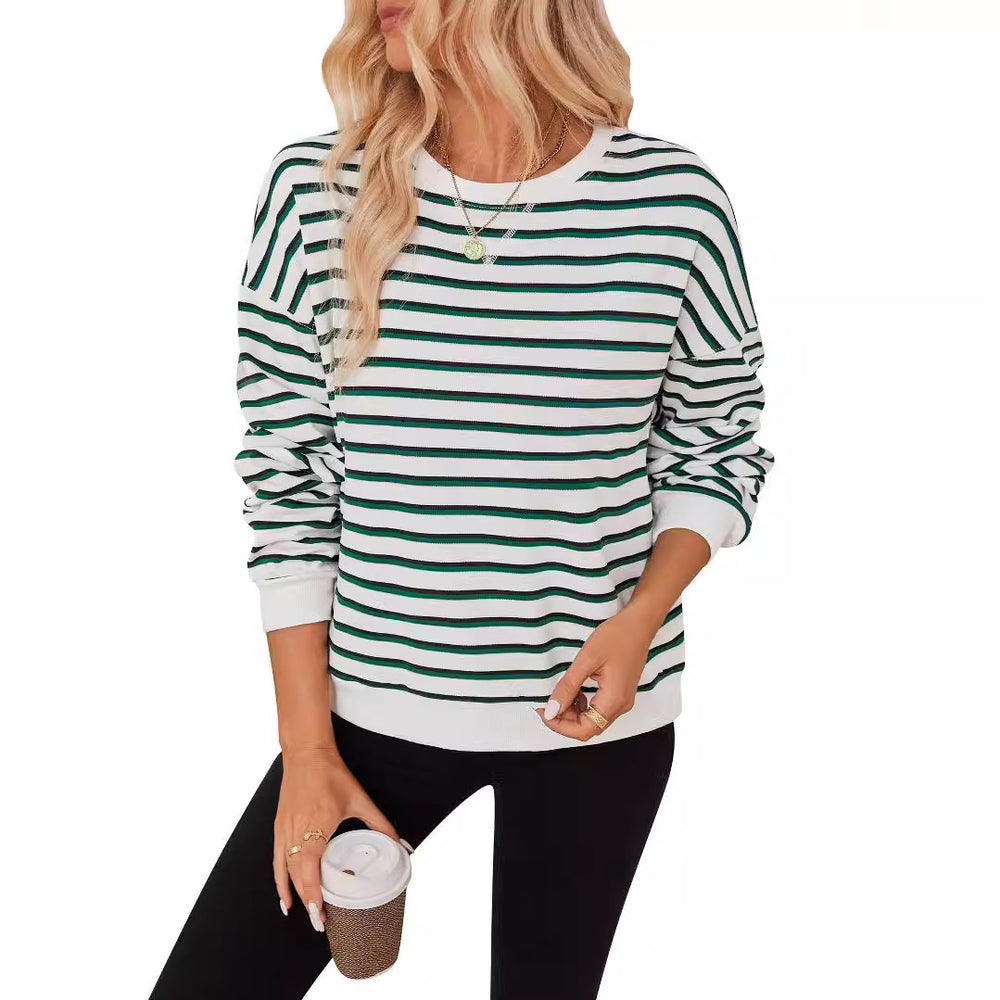 Damen lässiger Sweatshirt mit modernem Streifenmuster und Rundhalsausschnitt Heidi-Mode