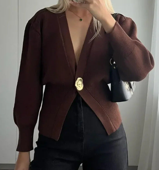 Damen Eleganter und lässiger Cardigan mit tiefem Ausschnitt und Schmuckknopf Heidi-Mode