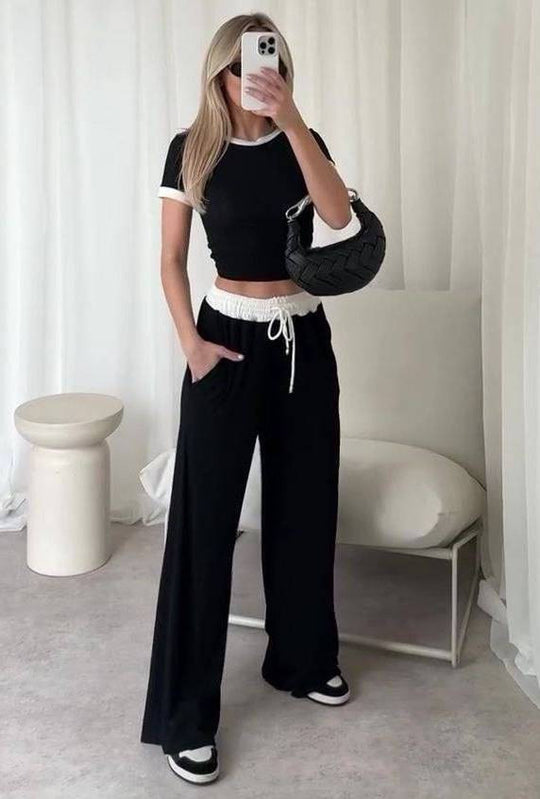 Damen lässiges Cropped Lounge-Set mit weicher Rippstruktur und bequemen Hosen Heidi-Mode