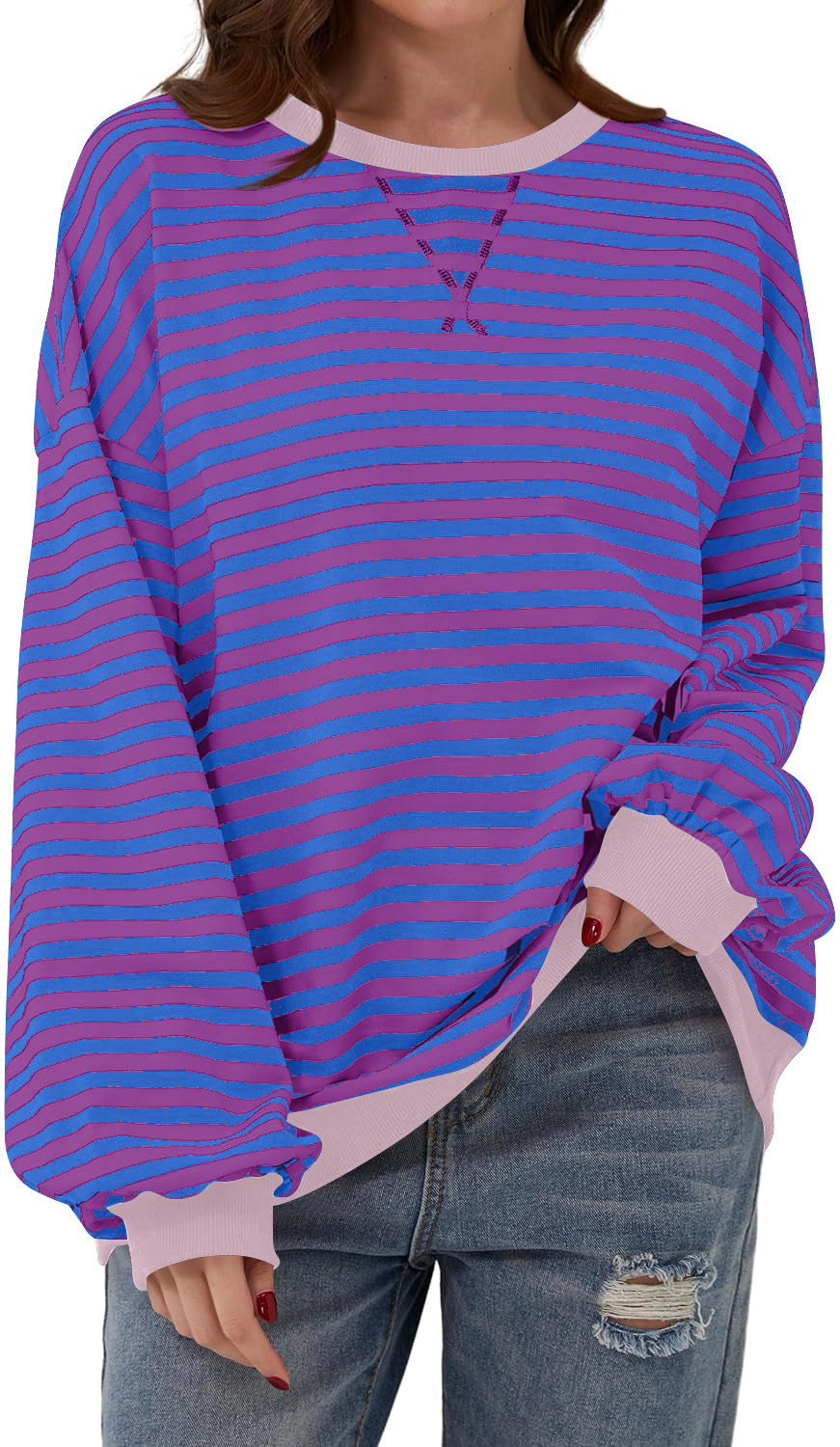 Damen lässiger Oversized Sweatshirt mit bunten Streifen und Kapuzenkordel Heidi-Mode