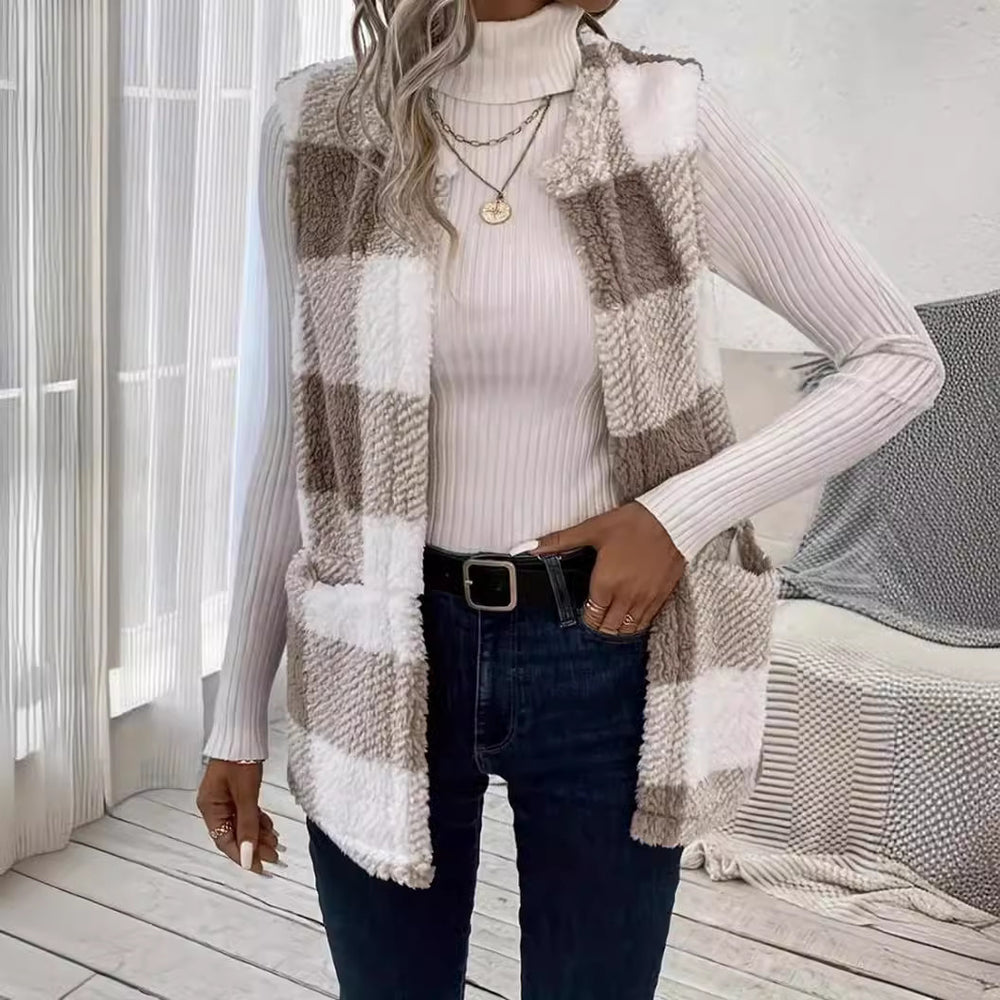 Damen Weicher Plaid-Weste mit seitlichen Taschen und gemütlichem Schnitt Heidi-Mode