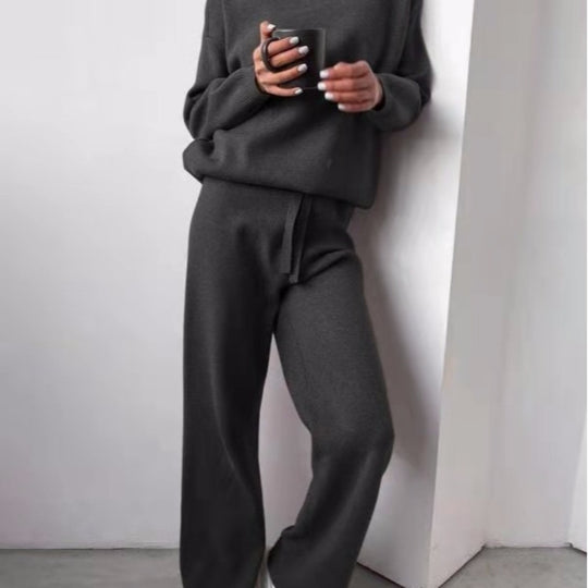 Damen kuscheliges Strick-Loungewear-Set mit weiten Hosen und elegantem Rundhalsausschnitt Heidi-Mode