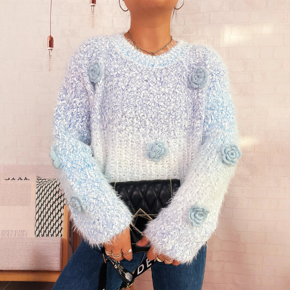 Damen gemütlicher, fluffiger Pullover mit verspielten Blumenapplikationen Heidi-Mode