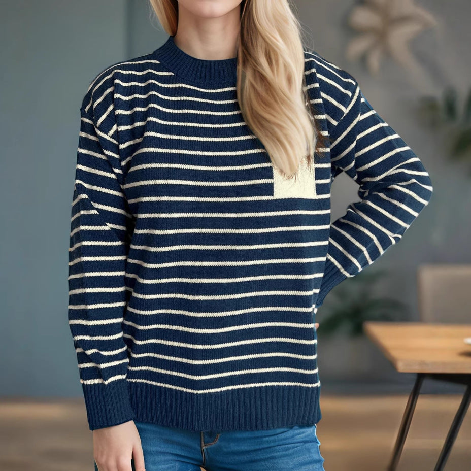 Damen lässiger Strickpullover mit breitem Streifenmuster und überschnittenen Schultern Heidi-Mode