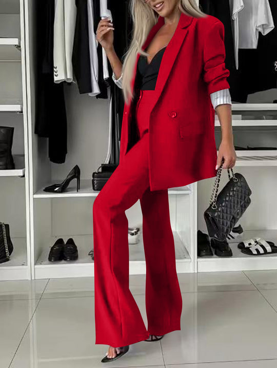 Damen elegantes und modernes Anzug-Set mit weitem Hosenbein und tailliertem Blazer Heidi-Mode