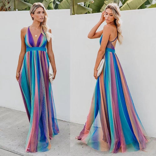 Heidi-Mode | Regenbogen Chiffon Spaghetti-Träger Kleid
