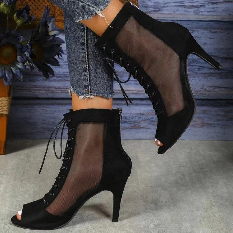 Damen Halboffene High Heel Stiefel mit transparentem Seiteneinsatz und Schnürung Heidi-Mode