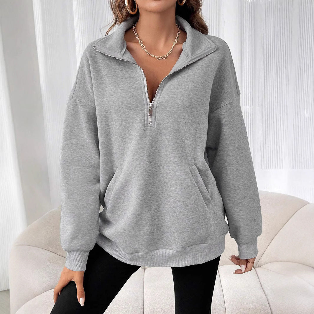 Damen Freizeitlicher Pullover mit kurzem Reißverschluss und Kängurutasche Heidi-Mode