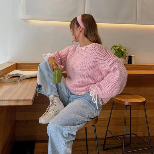 Damen lässiger Pullover mit offener Schulter und dekorativem Bindegürtel Heidi-Mode