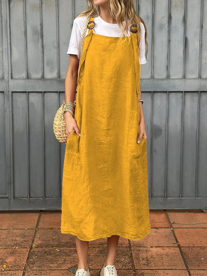 Damen lässiges Leinen-Trägerkleid mit praktischen Taschen Heidi-Mode