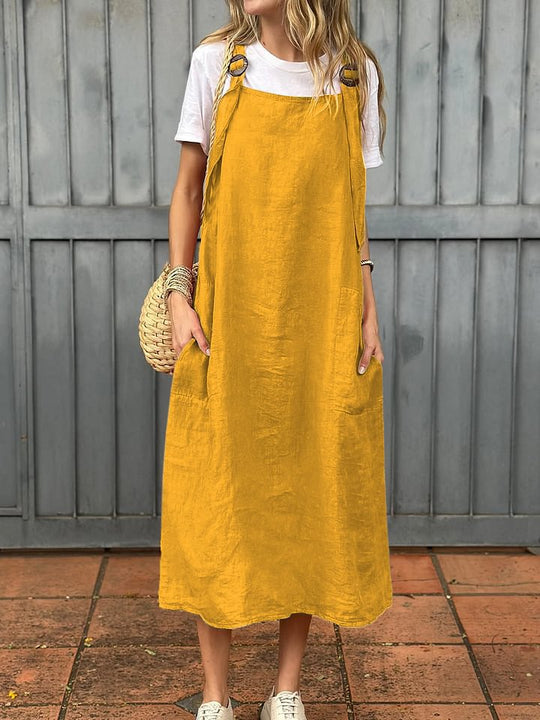 Damen lässiges Leinen-Trägerkleid mit praktischen Taschen Heidi-Mode