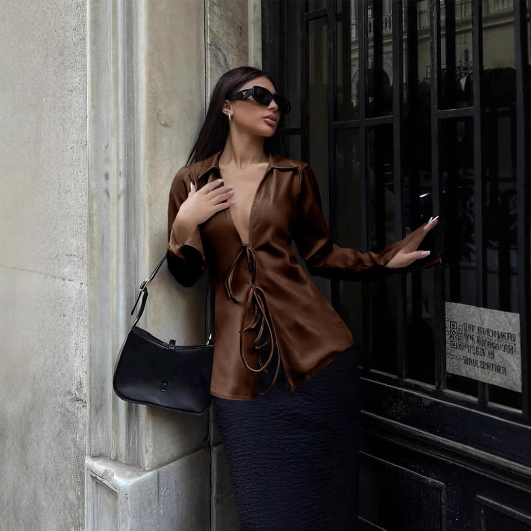 Damen elegante Bluse mit Schnürung und weitem Ärmel Heidi-Mode