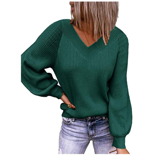Damen Strickpullover mit V-Ausschnitt und voluminösen Ärmeln Heidi-Mode