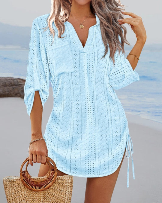 Damen lässiges Langarmshirt mit V-Ausschnitt und Seitenschlitzen Heidi-Mode