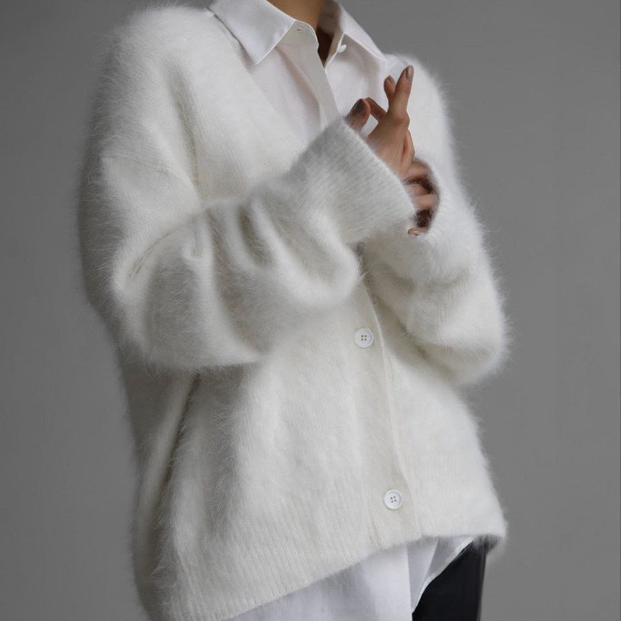 Damen kuschelige Strickjacke mit weichem Mohair-Mix und eleganter Knopfleiste Heidi-Mode