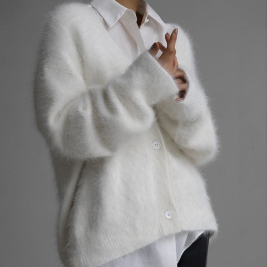 Damen kuschelige Strickjacke mit weichem Mohair-Mix und eleganter Knopfleiste Heidi-Mode