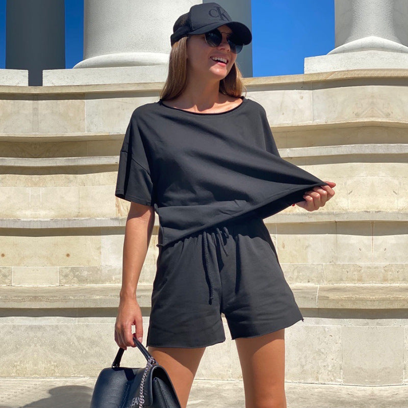 Damen Lässiges Kurzarm-Loungewear-Set mit elastischem Bund und weichem Stoff Heidi-Mode