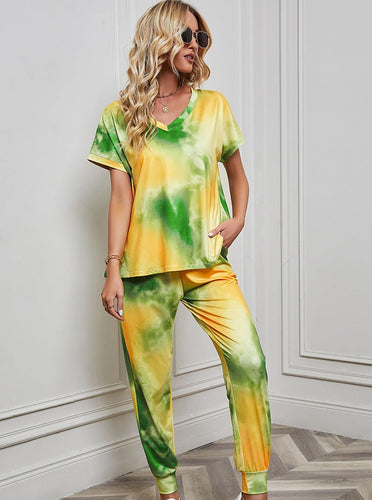 Grün-Gelbes Rundhals-Tie-Dye-Shirt und Hosen-Set