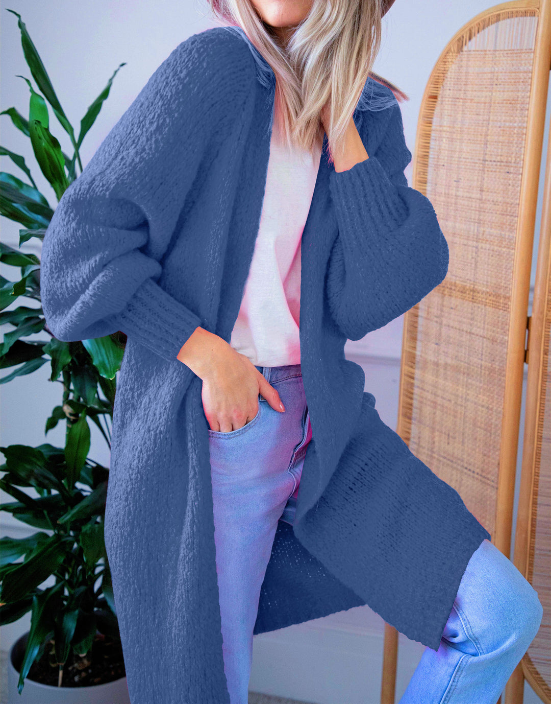 Damen Oversized Strickmantel mit lässigem V-Ausschnitt und luftiger Maschenstruktur Heidi-Mode