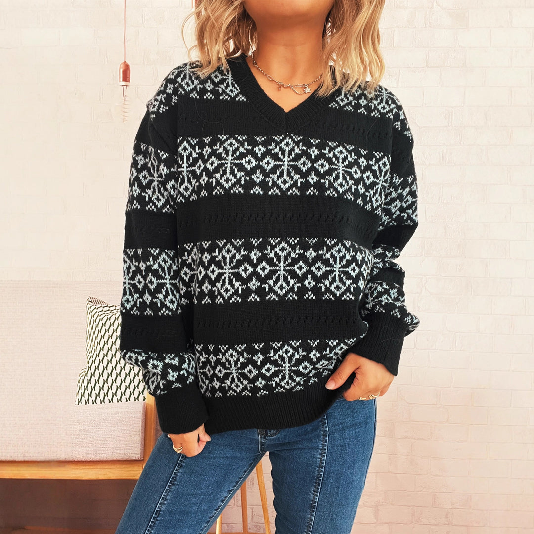 Damen Strickpullover im nordischen Muster mit tiefem V-Ausschnitt Heidi-Mode