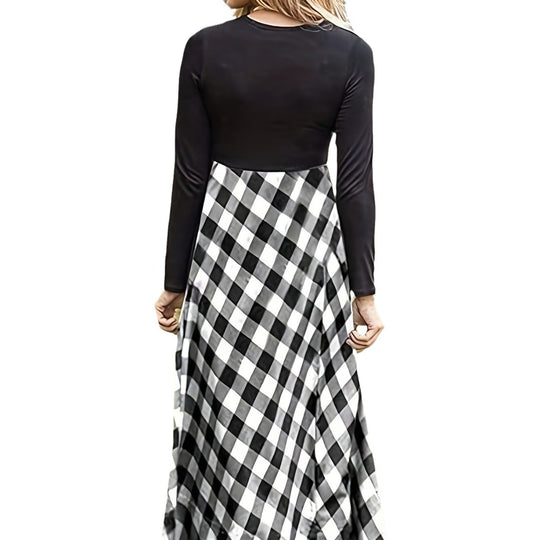 Damen Maxikleid mit modernem Karomuster und langen Ärmeln Heidi-Mode