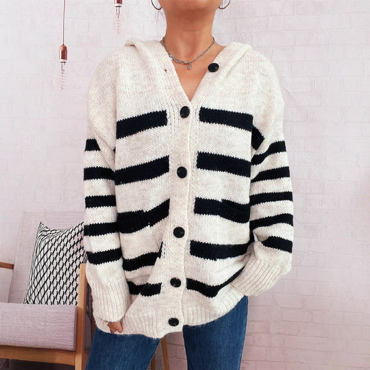 Damen oversized Strickjacke mit kontrastierenden Streifen und Kapuze Heidi-Mode