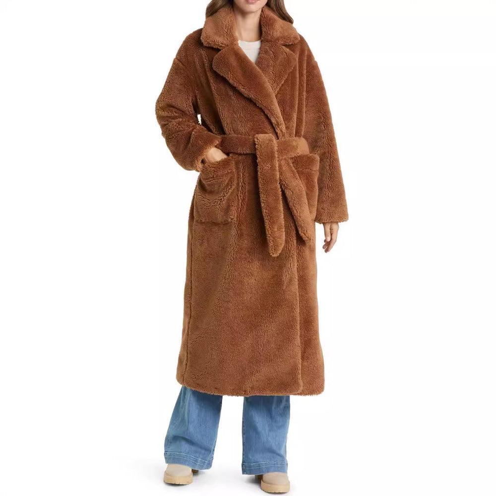 Damen Lange Kuschel-Bademantel mit Gürtel und Taschen Heidi-Mode