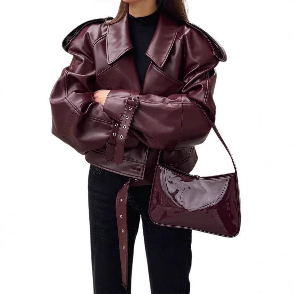 Damen Kunstlederjacke im Oversized-Design mit Riemen und neuen Details Heidi-Mode