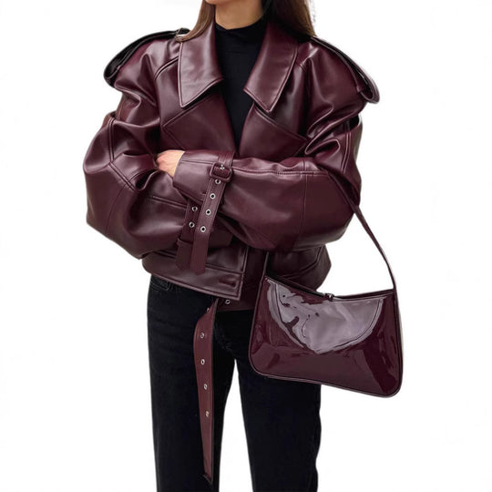 Damen Kunstlederjacke im Oversized-Design mit Riemen und neuen Details Heidi-Mode